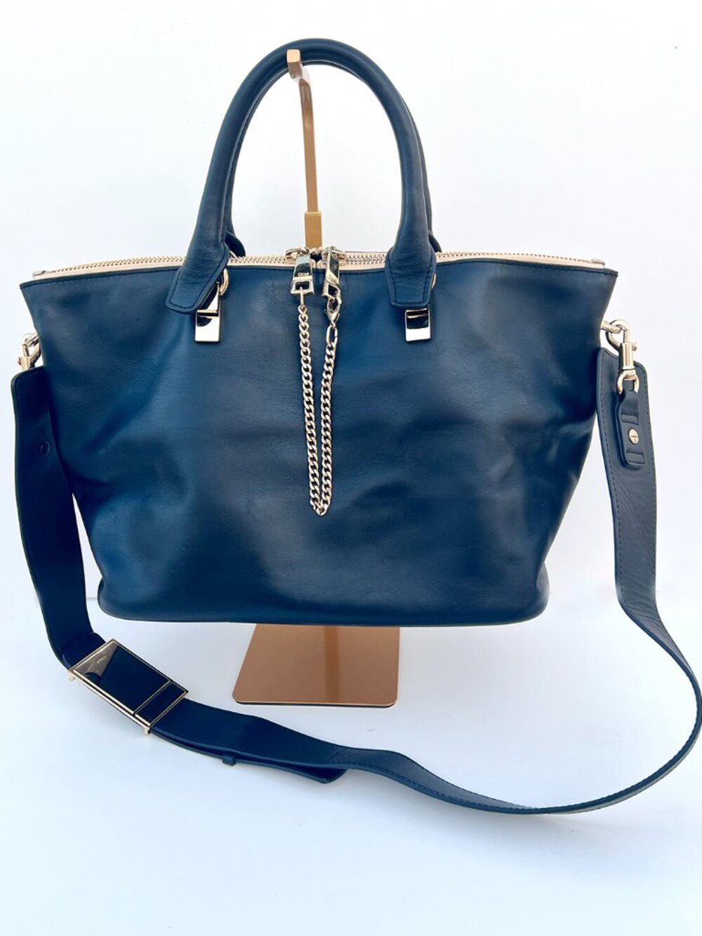 Chloe Alice Two-Tone Leather Satchel Tote Bag Black Taupe